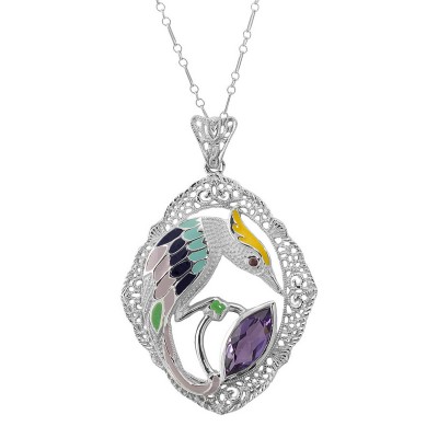 Filigree Enamel Bird Pendant w/ 3 Carat Amethyst - Sterling Silver - FP-206-AM