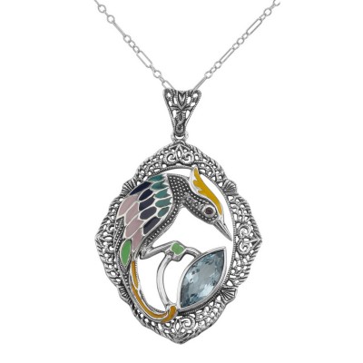 Filigree Enamel Bird Pendant w/ 3 Carat Blue Topaz - Sterling Silver - FP-206-BT