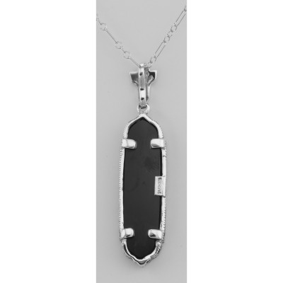 Art Deco Black Onyx Floral Filigree Pendant - Sterling Silver - FP-207