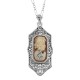 Hand Carved Italian Shell Cameo Filigree Diamond Necklace Sterling Silver - FP-212