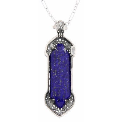 Art Deco Style Lapis Lazuli Filigree Pendant - Sterling Silver - FP-223-L