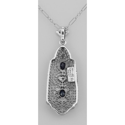 Art Deco Style Sapphire and Diamond Filigree Pendant - Sterling Silver - FP-231