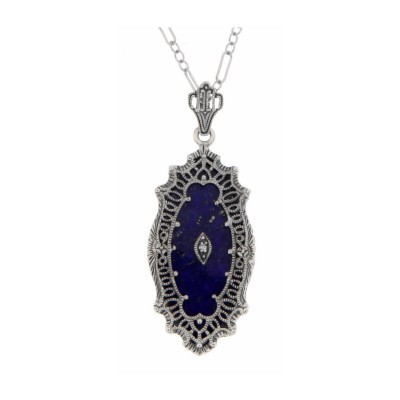 Victorian Style Lapis Lazuli Filigree Diamond Pendant with Chain Sterling Silver - FP-238-L