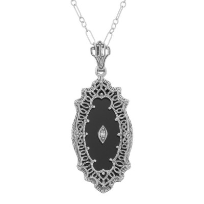 Victorian Style Black Onyx Filigree Diamond Pendant with Chain Sterling Silver - FP-238-O