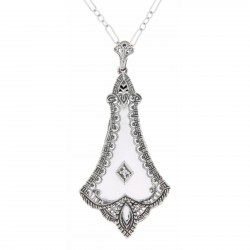 Frosted White Crystal Filigree Diamond Pendant Art Deco Style - Sterling Silver