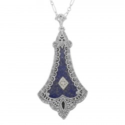 Victorian Blue Lapis Filigree Diamond Pendant - Sterling Silver