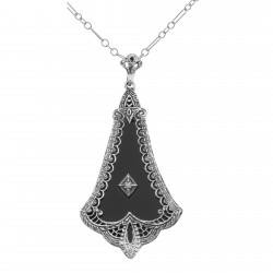 Art Deco Style Black Onyx Filigree Pendant with Diamond - Sterling Silver