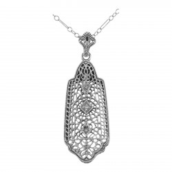 Art Deco Style 3 Diamond Filigree Pendant - Sterling Silver