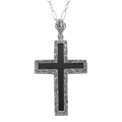 Black Onyx Cross Pendant with 18 Inch Chain - Sterling Silver - FP-296-O