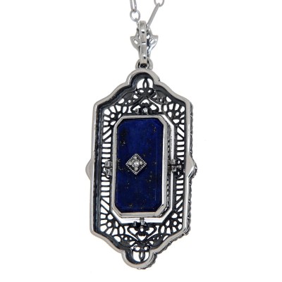 Victorian Style Black Onyx / Blue Lapis Diamond Flip Pendant with Chain Sterling Silver - FP-31-O-L