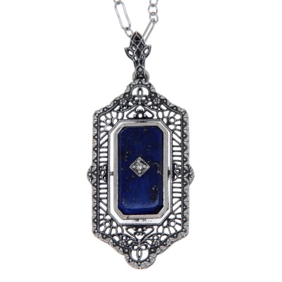Victorian Style Black Onyx / Blue Lapis Diamond Flip Pendant with Chain Sterling Silver - FP-31-O-L