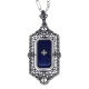 Victorian Style Black Onyx / Blue Lapis Diamond Flip Pendant with Chain Sterling Silver - FP-31-O-L