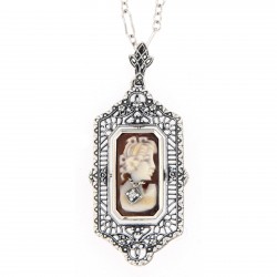 Italian Cameo / Black Onyx Diamond Flip Pendant with Chain Sterling Silver