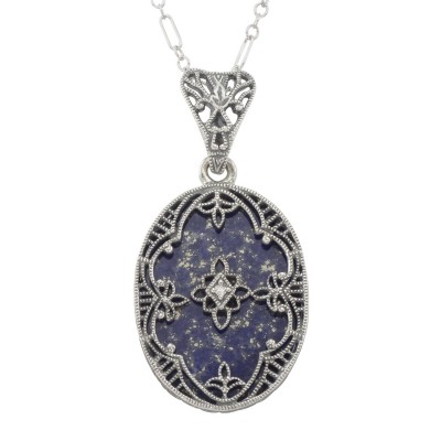 Antique Victorian Style Blue Lapis Filigree Diamond Pendant - Sterling Silver - FP-36-L