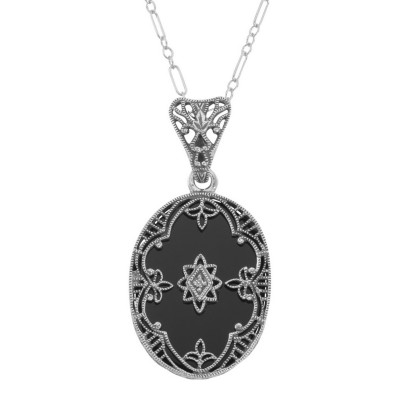 Antique Victorian Style Black Onyx Filigree Diamond Pendant - Sterling Silver - FP-36-O