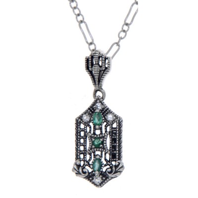 Art Deco Genuine Emerald and White Topaz Filigree Pendant with 18 chain - Sterling Silver - FP-366-E
