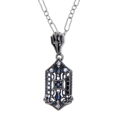 Art Deco Blue Sapphire and White Topaz Filigree Pendant - Sterling Silver with 18 Deco Chain - FP-366-S
