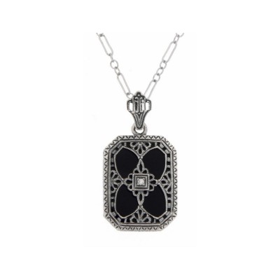 Victorian Style Black Onyx Filigree Diamond Pendant Sterling Silver - FP-37-O