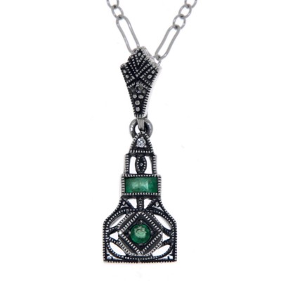 Art Deco Style Genuine Emerald and White Topaz Filigree Pendant Sterling Silver with 18 Deco Chain - FP-373-E