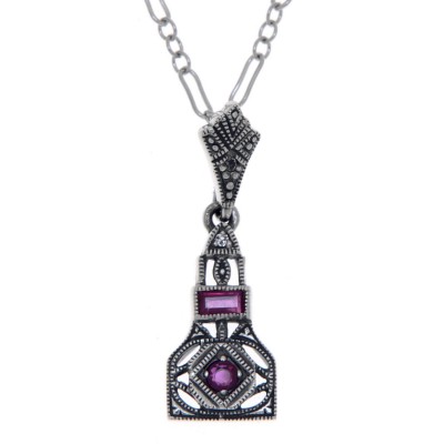 Art Deco Style Genuine Ruby and White Topaz Filigree Pendant Sterling Silver with 18 Deco Chain - FP-373-R