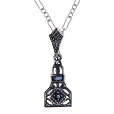 Art Deco Style Genuine Sapphire and White Topaz Filigree Pendant Sterling Silver with 18 Deco Chain - FP-373-S