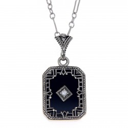 Art Deco Style Diamond and Black Onyx Pendant with 18 Chain - Sterling Silver