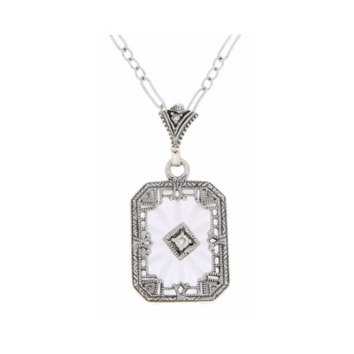 Art Deco Style Diamond and Camphor Glass Crystal Pendant - Sterling Silver - FP-378-SR-D