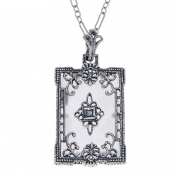 Antique Style Frosted Crystal Filigree with Diamond Pendant Sterling Silver
