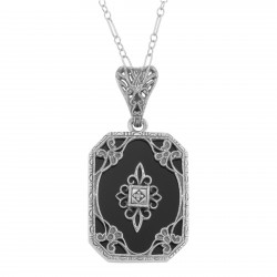 Art Deco Style Black Onyx and Diamond Pendant with 18 Chain - Sterling Silver