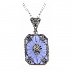 Art Deco Style Blue Sunray Camphor Glass pendant w/ diamond - Sterling Silver