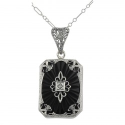 Art Deco Style Black Onyx Filigree Diamond Pendant - Sterling Silver