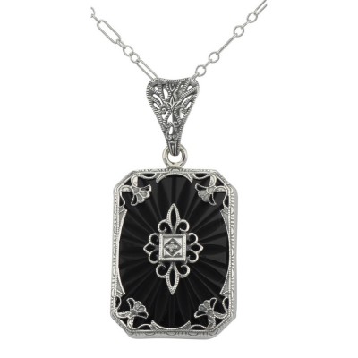 Art Deco Style Black Onyx Filigree Diamond Pendant - Sterling Silver - FP-383-O-SR
