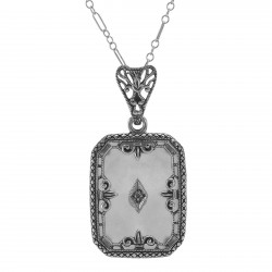 Fleur de Lis Design Crystal Filigree Pendant w Diamond Sterling Silver
