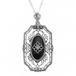 Art Deco Style Black Onyx Diamond Pendant with Chain - Sterling Silver