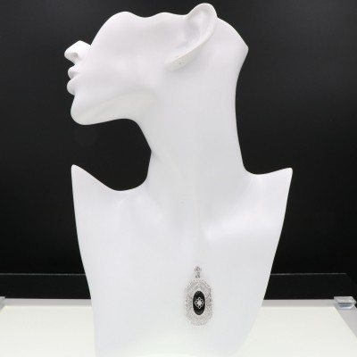 Vintage Inspired Art Deco Style Black Onyx Diamond Filigree Pendant - 14kt White Gold - FP-42-O-WG