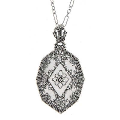 Victorian Style Camphor Glass Filigree Diamond Pendant w chain - Sterling Silver - FP-43-CR