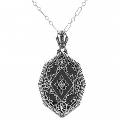 Victorian Style Black Onyx Filigree Diamond Pendant with chain - Sterling Silver