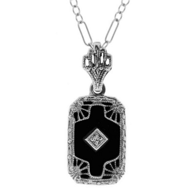 Genuine Black Onyx Filigree Pendant w/ Diamond - Sterling Silver - FP-51-O