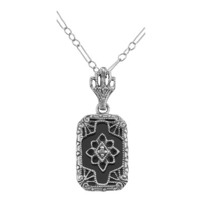 Genuine Black Onyx Filigree Pendant w/ Diamond - Sterling Silver - FP-52-O