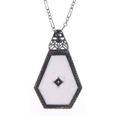 Art Deco Style Camphor Glass Filigree Pendant Diamond  Chain Sterling Silver - FP-528-CR
