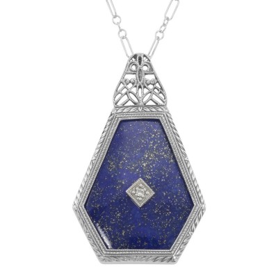 Art Deco Style Blue Lapis Filigree Pendant Diamond  Chain - Sterling Silver - FP-528-L