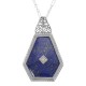 Art Deco Style Blue Lapis Filigree Pendant Diamond  Chain - Sterling Silver - FP-528-L