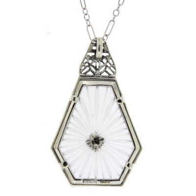 Art Deco Style Sunray Camphor Glass Filigree Pendant Diamond Sterling Silver - FP-528-SR