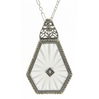 Art Deco Style Sunray Camphor Glass Filigree Pendant Diamond Sterling Silver - FP-528-SR