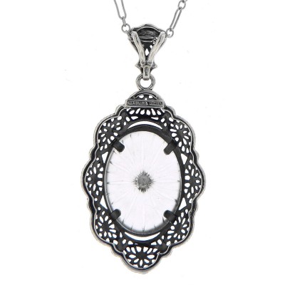 Art Deco Style Camphor Glass and Diamond Filigree Pendant Sterling Silver - FP-535-SR