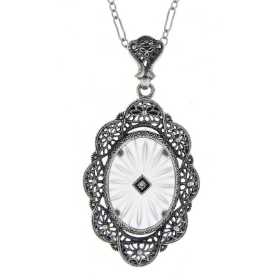 Art Deco Style Camphor Glass and Diamond Filigree Pendant Sterling Silver - FP-535-SR