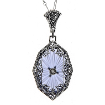 Victorian Style Blue Sunray Crystal Filigree Diamond Pendant - Sterling Silver - FP-549-BLUE-SR