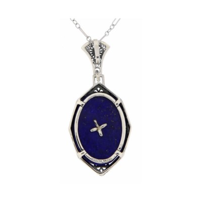 Antique Victorian Style Blue Lapis Filigree Diamond Pendant - Sterling Silver - FP-549-L