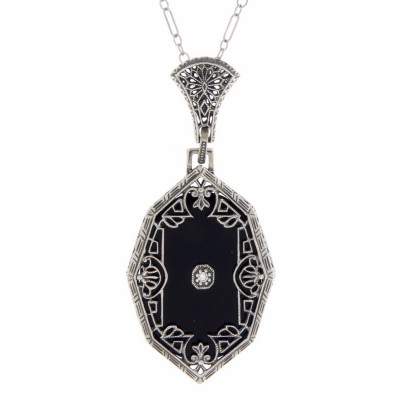 Antique Victorian Style Black Onyx Filigree Diamond Pendant - Sterling Silver - FP-549-O