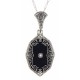 Antique Victorian Style Black Onyx Filigree Diamond Pendant - Sterling Silver - FP-549-O